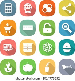 flat vector icon set - calculator vector, notebook globe, atom core, molecule, add to cart, bunker, unlock, cargo search, trailer, chest of drawers, egg timer, fire, tomato, seedling, blower