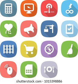 flat vector icon set - calculator vector, monitor arrow, laser, infinity power, cardio chip, megafon, loading, clipboard check, pallet, cart, compass, broom, wireless mouse, sim card