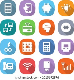flat vector icon set - calculator vector, touch, chip, notebook connect, tap to pay, virtual mask, crypto currency, infinity power, cpu, atm, intercome, wireless, usb flash, antenna signal