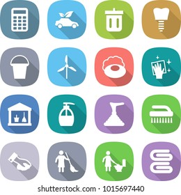 flat vector icon set - calculator vector, eco car, bin, tooth implant, bucket, windmill, soap, wiping, utility room, liquid, plunger, brush, brooming, toilet cleaning, towel