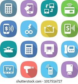 flat vector icon set - calculator vector, touch, notebook connect, tap to pay, phone, infinity power, electrostatic, mobile, scales, atm, intercome, tv, hair dryer, usb flash