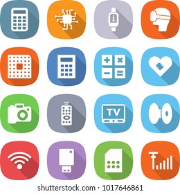 flat vector icon set - calculator vector, chip, smart watch, virtual mask, cpu, pacemaker, camera, remote control, tv, coil, wireless, usb flash, sim card, antenna signal