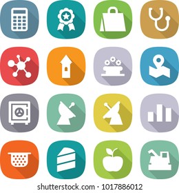 flat vector icon set - calculator vector, medal, shopping bag, stethoscope, virus, tower, flower bed, map, safe, satellite antenna, chart, colander, cake, apple, harvester