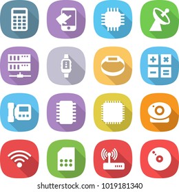 flat vector icon set - calculator vector, touch, chip, satellite antenna, server, smart watch, bracelet, intercome, cpu, web camera, wireless, sim card, router, cd