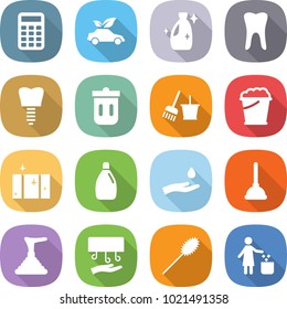 flat vector icon set - calculator vector, eco car, cleanser, tooth, implant, trash bin, bucket and broom, foam, clean window, hand drop, plunger, dryer, duster, garbage