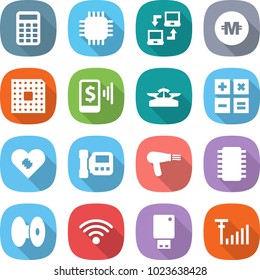 flat vector icon set - calculator vector, chip, notebook connect, crypto currency, cpu, mobile pay, scales, pacemaker, intercome, hair dryer, coil, wireless, usb flash, antenna signal