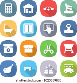 Flat Vector Icon Set - Calculator Vector, Warehouse, Drawbridge, Aquapark, Bath, Power Switch, Touchscreen, Vr Helmet, Kitchen Scales, Chief Hat, Scissors, Bbq, Chicken Leg, Trailer, Clean Floor