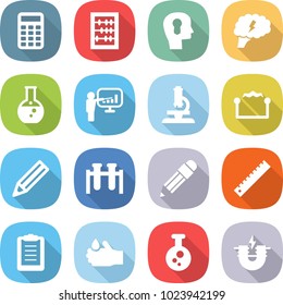flat vector icon set - calculator vector, abacus, bulb head, brain, round flask, presentation, microscope, electrostatic, pencil, test vial, ruler, clipboard, acid, chemical, electric magnet