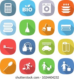 flat vector icon set - calculator vector, bio, washing machine, plate, towel, broom, bucket and, sponge, tooth brush, dish cleanser, car wash, paper, duster, vacuum cleaner, toilet cleaning