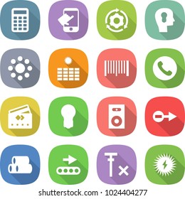 flat vector icon set - calculator vector, touch, around gear, bulb head, round, sun power, bar code, phone, credit card, speaker, electron, pipes, conveyor, no signal, solar