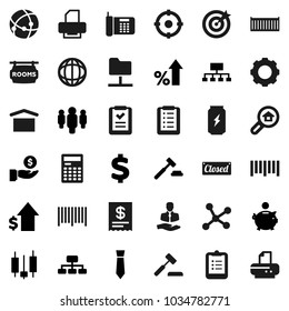 Flat vector icon set - calculator vector, clipboard, world, japanese candle, percent growth, piggy bank, investment, dollar, auction, man, tie, hierarchy, sign, enegry drink, client, sea container