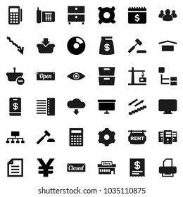 Flat vector icon set - calculator vector, document, archive, pie graph, crisis, auction, presentation board, hierarchy, dollar calendar, any currency, yen sign, stairways run, phone, dry cargo, eye