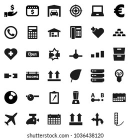 Flat vector icon set - calculator vector, notebook pc, archive, leaf, pie graph, investment, dollar calendar, euro sign, gold ingot, target, heart cross, route, plane, clipboard, top, sorting, barn