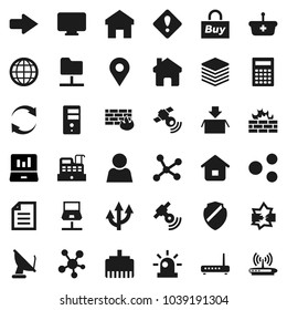 Flat vector icon set - calculator vector, document, laptop graph, satellitie, social media, network, notebook, disconnection, folder, big data, server, shield, firewall, lan connector, share, home