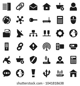 Flat vector icon set - calculator vector, world, earth, map pin, satellite, document, antenna, video camera, social media, mail, connection, server, gear, shield, hub, router, message, chain, user