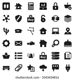 Flat vector icon set - calculator vector, notebook pc, laptop graph, map pin, document, video camera, social media, mail, pause button, network, big data, gear, shield, lan connector, home, message