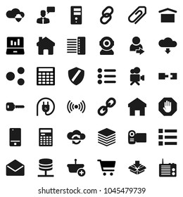 Flat vector icon set - calculator vector, cart, laptop graph, dry cargo, video camera, mobile phone, speaking man, link, mail, network server, cloud shield, exchange, big data, hub, share, home, key