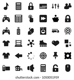 Flat vector icon set - calculator vector, school bus, abacus, music, piggy bank, any currency, t shirt, roller Skates, target, calendar, speaker, gamepad, settings, remote control, touchscreen, lock