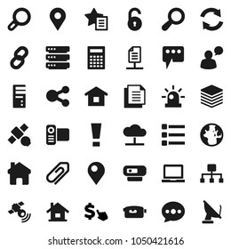Flat vector icon set - calculator vector, notebook pc, world, dollar cursor, satellite, document, satellitie, video camera, speaking man, cloud network, big data, menu, share, home, favorites, chain