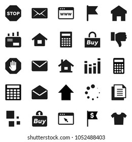 Flat vector icon set - calculator vector, flag, arrow up, dollar, document, equalizer, finger down, mail, browser, home, loading, stop, house, buy, clothes
