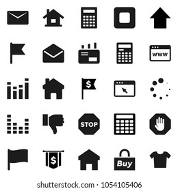 Flat vector icon set - calculator vector, flag, arrow up, dollar, equalizer, finger down, mail, stop button, browser, home, loading, house, buy, clothes