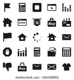 Flat vector icon set - calculator vector, flag, dollar, document, equalizer, finger down, mail, stop button, browser, home, loading, house, buy, clothes