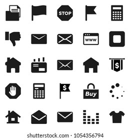 Flat vector icon set - calculator vector, flag, dollar, document, equalizer, finger down, mail, stop button, browser, home, loading, house, buy, clothes