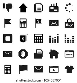 Flat vector icon set - calculator vector, flag, arrow up, dollar, document, equalizer, finger down, stop button, browser, home, loading, mail, buy, clothes