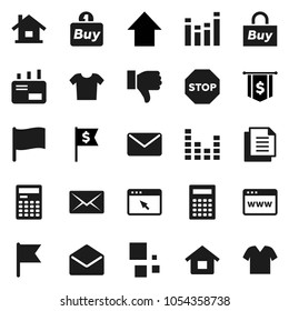 Flat vector icon set - calculator vector, flag, arrow up, dollar, document, equalizer, finger down, mail, browser, loading, stop, house, buy, clothes