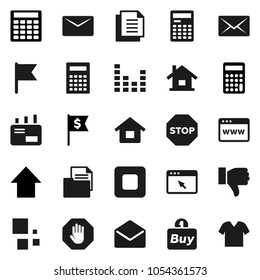 Flat vector icon set - calculator vector, flag, arrow up, dollar, document, equalizer, finger down, mail, stop button, browser, loading, house, buy, clothes