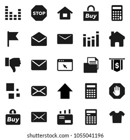 Flat vector icon set - calculator vector, flag, arrow up, dollar, document, equalizer, finger down, mail, browser, home, loading, stop, house, buy, clothes