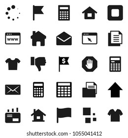 Flat vector icon set - calculator vector, flag, arrow up, dollar, document, finger down, mail, stop button, browser, home, loading, house, clothes