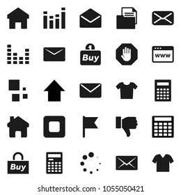 Flat vector icon set - calculator vector, flag, arrow up, document, equalizer, finger down, mail, stop button, browser, home, loading, buy, clothes