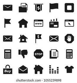 Flat vector icon set - calculator vector, flag, dollar, document, equalizer, finger down, mail, stop button, browser, home, house, buy, clothes