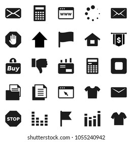 Flat vector icon set - calculator vector, flag, arrow up, dollar, document, equalizer, finger down, mail, stop button, browser, loading, house, buy, clothes