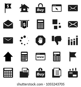 Flat vector icon set - calculator vector, flag, arrow up, dollar, document, equalizer, finger down, mail, browser, loading, stop, house, buy