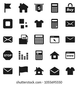 Flat vector icon set - calculator vector, flag, dollar, document, equalizer, mail, stop button, browser, home, loading, house, buy, clothes