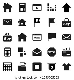 Flat vector icon set - calculator vector, flag, arrow up, dollar, document, equalizer, mail, stop button, browser, home, loading, house, buy, clothes