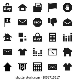 Flat vector icon set - calculator vector, flag, arrow up, dollar, document, equalizer, finger down, mail, browser, home, loading, stop, house, buy, clothes