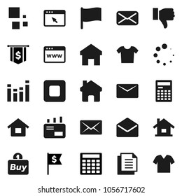 Flat vector icon set - calculator vector, flag, dollar, document, equalizer, finger down, mail, stop button, browser, home, loading, house, buy, clothes