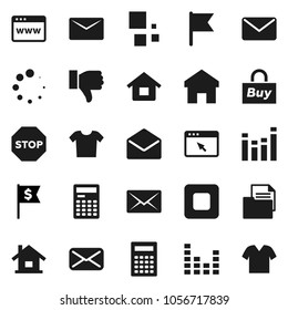 Flat vector icon set - calculator vector, flag, dollar, document, equalizer, finger down, mail, stop button, browser, home, loading, house, buy, clothes