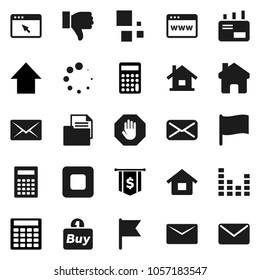 Flat vector icon set - calculator vector, flag, arrow up, dollar, document, equalizer, finger down, mail, stop button, browser, home, loading, house, buy