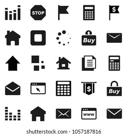 Flat vector icon set - calculator vector, flag, arrow up, dollar, document, equalizer, mail, stop button, browser, home, loading, house, buy