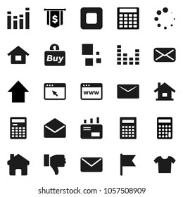Flat vector icon set - calculator vector, flag, arrow up, dollar, equalizer, finger down, mail, stop button, browser, home, loading, house, buy, clothes