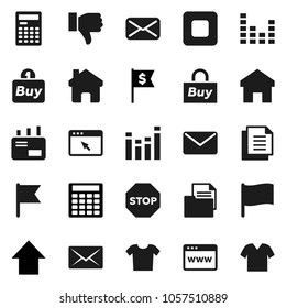 Flat vector icon set - calculator vector, flag, arrow up, dollar, document, equalizer, finger down, mail, stop button, browser, home, buy, clothes