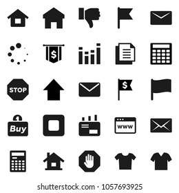 Flat vector icon set - calculator vector, flag, arrow up, dollar, document, equalizer, finger down, stop button, browser, home, loading, mail, house, buy, clothes