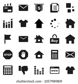 Flat vector icon set - calculator vector, flag, arrow up, dollar, document, equalizer, finger down, mail, browser, home, loading, stop, house, buy, clothes