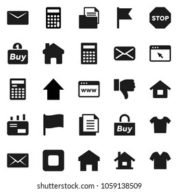 Flat vector icon set - calculator vector, flag, arrow up, document, finger down, mail, stop button, browser, home, house, buy, clothes