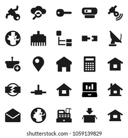 Flat vector icon set - calculator vector, world, laptop graph, earth, satellite, satellitie, mail, connect, cloud glass, lan connector, home, hierarchy, connection, key, pin, disconnection, house