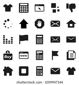 Flat vector icon set - calculator vector, flag, arrow up, document, equalizer, finger down, mail, stop button, browser, home, loading, house, buy, clothes